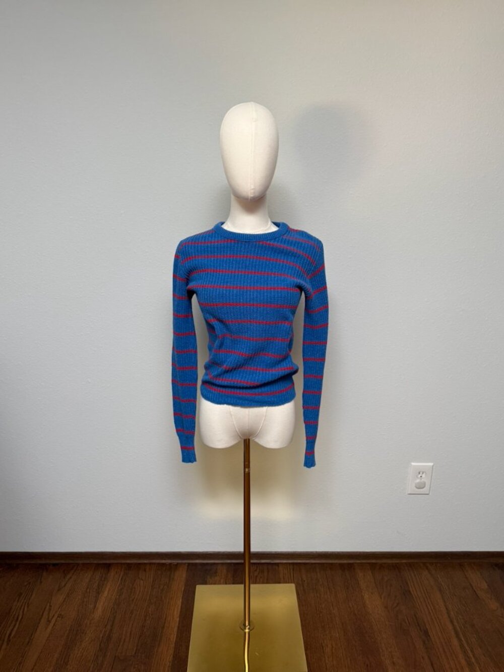 Vintage Robert Bruce Thick Ribbed Knit Cobalt Blue Red Striped Sweater XS